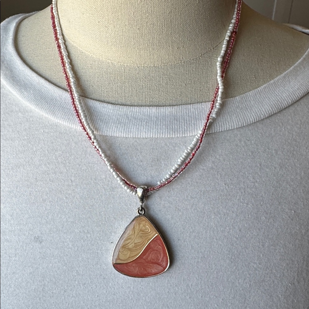 Reversible Hand Crafted Pink & Cream Teardrop Pendant Necklace